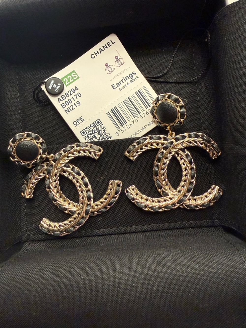 CHANEL Gold and Black Braided CC Drop Earrings
